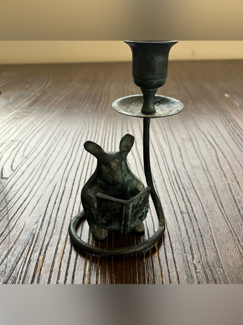 Vtg San Pacific San Francisco Bronze Reading Mouse Tail Candle Holder Green 5.5"